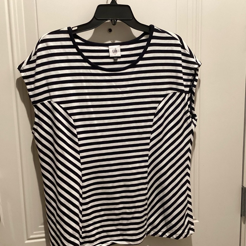 CAbi Black & White Striped Short Sleeve Crew Top